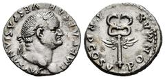 Roman Imperial Vespasian. Denarius. 74 AD. Rome. (Ric-II 1, 703). (Bmcre-138). (Rsc-362). Anv.: IMP CAESAR VESPASIANVS AVG, laureate head to right. Rev.: PON MAX TR P COS V, winged caduceus. Ag. 3,11 