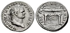 Roman Imperial Titus. Denarius. 80 AD. Rome. (Ric-119). (Bmcre-51/4). (Rsc-316). Anv.: IMP TITVS CAES VESPASIAN AVG P M, laureate head right. Rev.: TR P IX IMP XV COS VIII P P, Throne of Jupiter: squa