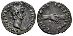 Roman Imperial Nerva. Denarius. 97 AD. Rome. (Ric-II 14). (Bmcre-25). (Rsc-20). Anv.: IMP NERVA CAES AVG P M TR P COS III P P, laureate head to right. Rev.: CONCORDIA EXERCITVM, two clasped hands. Ag.