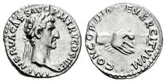 Roman Imperial Nerva. Denarius. 97 AD. Rome. (Ric-14). (Rsc-20). (Bmcre-25). Anv.: IMP NERVA CAES AVG P M TR P COS III P P. Laureate head to right. Rev.: CONCORDIA EXERCITVM. Two clasped hands. Ag. 3,
