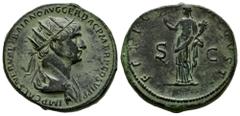 Roman Imperial Trajan. Dupondius. 113 AD. Rome. (Ric-626). (Ch-146). Anv.: IMP CAES NERVAE TRAIANO AVG GER DAC P M TR P COS VI P P. His bust radiate and draped. Rev.: FELIC(ITAS) AVGVST S C. Felicitas