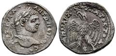 Roman Imperial Caracalla. Tetradrachm. 215-217 AD. Seleucis and Pieria. (Prieur-1179). Rev.: ΔΗΜΑΡX ЄΞ ΥΠΑΤΟC ΤΟ Δ. Eagle standing facing, wings spread, head to left, wreath in beak; star between legs