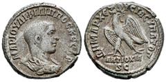 Roman Imperial Philip II. Seleucis and Pieria. Tetradrachm. 244-249 AD. Antioch. (Prieur-394). (McAlee-1017). Anv.: ΜΑΡ ΙΟΥΛΙ ΦΙΛΙΠΠΟC ΚЄCΑΡ. Bare-headed and draped bust to right. Rev.: ΔΗΜΑPX ЄΞOYCIA