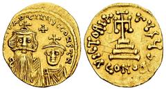 Byzantine Empire Constans II with Constantine IV. Solidus. 654-659 AD. Constantinople. (Doc-25). (MIB-26). (Sear-959). Anv.: (∂ N) CONSƮANƮINЧS C CONSTANT, crowned facing busts of Constans on left, wi