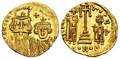 Byzantine Empire Constans II with Constantine IV. Solidus. 661-663 AD. Constantinople. (Doc-30d). (MIB-31). (Sear-964). Anv.: D N CONSTAN, crowned and draped facing busts of Constans, wearing plumed h