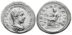 Imperio Romano Eliogábalo. Antoniniano. 219 d.C. Roma. (Ric-67). (Seaby-28a). Anv.: IMP CAES M AVR ANTONINVS AVG. Busto radiado a derecha. Rev.: FIDES EXERCITVS. Fe sentada a izquierda con un águila, 