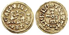Visigothic Coins Egica and Witiza (698-702). Tremissis. Toleto (Toledo). (R. Pliego-727o). (Cnv-571.18). Anv.: + INDNMNEGICAP+. Rev.: + VVITTIZAP+RES. Au. 1,47 g. Very scarce. Choice VF. Est...2000,00