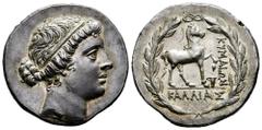 Greek Coins Aiolis. Kyme. Tetradrachm. 155-140 BC. Kallias magistrate. (Sng von Aulock-166). (Sng Cop-103). (Sng Delepierre-2556). Anv.: Head of the Amazon Kyme to right, wearing tainia. Rev.: Horse p