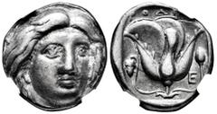 Greek Coins NGC - VF 5/5, 4/5 | Rhodos. Rhodes. Tetradrachm. 316-305 BC. (Ashton-107). (Hgc-6, 1431). Anv.: Head of Helios facing slightly to right. Rev.: Rose with bud to right, grapes to left; POΔIO