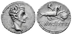 Roma Imperatorial Augustus. Denarius. 18-17/16 BC. Colonia Patricia (Córdoba). (Ffc-14). (Ric-126). (Cal-808). Anv.: Bare head of Augustus right. Rev.: AVGVSTVS below capricorn right bearing cornucopi