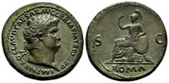 Roman Imperial Expressive portrait | Nero. Sestertius. 67 AD. Rome. (Ric-I 356). (Bmcre-114). (C-284). Anv.: IMP NERO CLAVD CAESAR AVG GERM P M TR P XIII P P, laureate head right. Rev.: Roma seated le
