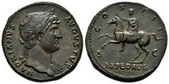 Roman Imperial Hadrian. Sestertius. 124-127 AD. Rome. (Ric-II 3 735). (Bmcre-1313). Anv.: HADRIANVS AVGVSTVS, laureate head to right, slight drapery on far shoulder. Rev.: COS III, Emperor on horsebac