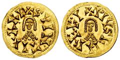 Visigothic Coins Suinthila (621-631). Tremissis. Eliberri (Granada). (Cnv-288.4 var.). (R. Pliego-735e). Anv.: ✠ SVINTILARI⁝. Rev.: ✠ PIVSEI·IBER·I. Au. 1,40 g. Original luster. Magnificent piece. Rar