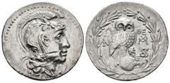 Greek Coins Attica. Athens. New Style Tetradrachm. 152/1 BC. (Thompson-80a). (Tesorillo-Ática 5, Plate Coin). Anv.: Head of Athena Parthenos to right, wearing necklace, pendant earring, and triple-cre