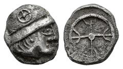 Greek Coins Galia. Massalia. Obol. 470-386 BC. (Lt-520). (Depeyrot-Hellénistiques 2). (Tesorillo-Galia 1, Plate Coin). Anv.: Male head to right, wearing helmet decorated with wheel of four spokes. Rev
