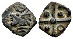Greek Coins Southern Gaul. Volcae-Aeromici. Fourée Drachm. 118-76/74 BC. 'à la croix' type. (Lt-2986 var.). (Flesche-150 var.). (Tesorillo-Galia 4, Plate Coin). Anv.: Celticized male head with elabora