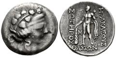 Greek Coins Lower Danube. Imitation of Thasos off Thrace. Tetradrachm. 2nd-1st century BC. (Dembski-1505). (Lanz-966). (Tesorillo-Celt. Danubio 8, Plate Co). Anv.: Celticized head of Dionysos to right