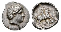 Greek Coins Kings of Paeonia. Patraos. Tetradrachm. 335-315 BC. (Sng Ans-1030/1). (Paeonian Hoard-227/339). (Tesorillo-Paeonia 1, Plate Coin). Anv.: Laureate head of Apollo right. Rev.: Warrior on hor