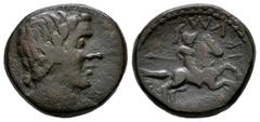 Greek Coins Sicily. Hispani at Morgantina. AE 20. 200-180 BC. (CNS-III 1). (Hgc-2, 915). (Tesorillo-Sicilia 11, Plate Coin). Anv.: Bare head to right; (C SIC LIVN) around. Rev.: Warrior on horseback t