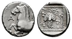 Greek Coins Thrace. Maroneia. Triobol. 398-385 BC. (Schönert-Geiss-Maroneia 254 (V41/R46)). (Hgc-3.2, 1534). (Tesorillo-Tracia 15, Plate Coin). Anv.: Forepart of horse to left; A-N-(Θ) around. Rev.: G