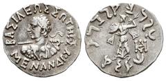 Greek Coins Indo-Greek Kingdom. Menander I Soter. Drachm. 155-130 BC. (Bopearachchi-7E). (Tesorillo-Bactria 5, Plate Coin). Anv.: ΒΑΣΙΛΕΩΣ ΣΩΤΗΡΟΣ ΜΕΝΑΝΔΡΟΥ, diademed bust to left, wielding spear, aeg