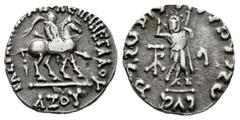 Greek Coins Indo-Skythians. Azes I. Drachm. 58-12 BC. (Senior-88.03D). (Hgc-12, 645). (Tesorillo-Indoescitas 3, Plate Coin). Anv.: Azes on horseback right, holding spear; ga in Kharosthi in exergue. R