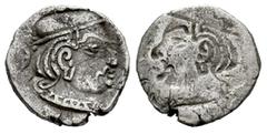 Greek Coins Indo-Skythians. Western Satraps. Vijayasena. Brockage Drachm. 247/8 AD. (Fishman-23.3.169). (Tesorillo-Sátrapas occid. 1, mismo). Anv.: Bust to right, wearing cap; illegible Greek inscript