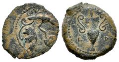 Greek Coins Judaea. Valerius Gratus. Prutah. RY 4 = 17/8 CE. Jerusalem. Struck under Tiberius. (RPC-I 4963). (Meshorer-16). (Tesorillo-Proc. Roma 2, Plae Coin). Anv.: IOYΛIA above vine branch with lea