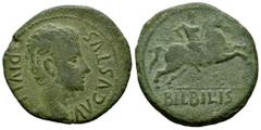 Celtiberian Coins Bilbilis. Augustus period. Unit. 27 BC - 14 AD. Calatayud (Zaragoza). (Abh-276 var.). (Acip-3015). (Tesorillo-Bilbilis 31, Plate Coin). Anv.: AVGVSTVS. DIVI. F. Laureate head of Augu