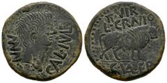 Celtiberian Coins Calagurris. Augustus period. Unit. 27 BC - 14 AD. Calahorra (La Rioja). (Abh-407). (Tesorillo-Calagurris 25, Plate Coin). Anv.: MVN. CAL. IVL. Bare head of Augustus right. Rev.: Bull