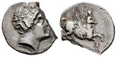Celtiberian Coins Emporiton-Emporion. Drachm. 200-110 BC. L'Escala, Ampurias (Girona). (Abh-1108). (CNH-p.22, 34/37). (Tesorillo-Iberia 6, Plate Coin). Anv.: Persephone-Arethusa head right, three dolp