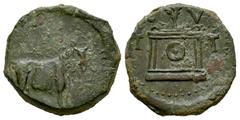 Celtiberian Coins Tarraco. Time of Tiberius. Half unit. 14-36 AD. Tarragona. (Abh-2377). (Tesorillo-Tarraco 30, Plate Coin). Anv.: Bull right. Rev.: Altar, C.V.T.T around. Ae. 4,49 g. VF/Choice VF. Es