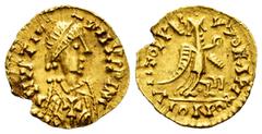 Visigothic Coins Pseudo-Imperial. In the name of Justinianus I. Tremissis. 527-580 AD. Barcelona. (Tomasini-JAN 2, 247/63). (Mec-194/202). (Tesorillo-Visigodos 6, Plate Coin). Anv.: DNVSTI· VSSVSSINC,
