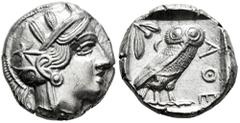 Greek Coins Attica. Athens. Tetradrachm. 454-404 BC. (Gc-2526). (Sng Cop-31). (Kroll-8). Anv.: Head of Athena right, wearing crested Attic helmet ornamented with three olive leaves above visor and spi