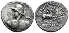 Greek Coins Greco-Baktrian Kingdom. Eukratides I Megas. Tetradrachm. 170-145 BC. (Bopearachchi-8A). (Hgc-12, 132). (SNG Ans-484). Anv.: Diademed heroic bust to left, seen from behind, wearing crested 