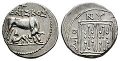 Greek Coins Illyria. Dyrrhachion. Drachm. 250-200 BC. Struck under magistrates Meniskos and Dionysios. (Hgc-3.1, 40). (Sng Cop-467). Anv.: MENIΣKOΣ .Cow standing to right, looking back and suckling ca