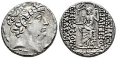 Greek Coins Seleukid Kingdom. Philip I Philadelphos. Tetradrachm. 88 BC. Antioch. (SC-2463). Anv.: Diademed head to right. Rev.: ΒΑΣΙΛΕΩΣ ΦΙΛΙΠΠΟV ΕΠΙΦΑΝΟVΣ ΦΙΛΑΔΕΛΦΟV. Zeus Nikephoros seated left on 