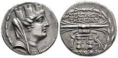 Greek Coins Seleucis and Pieria. Tetradrachm. CY 13 (97/6 BC). (Hgc-9, 1382). (DCA-697). Anv.: Veiled, turreted and draped bust of Tyche right. Rev.: ΣΕΛΕYΚΕΩΝ THΣ IEPAΣ / KAI (AV)TONOMOV, filleted th