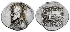Greek Coins Kingdom of Parthia. Phraates III. Drachm. 70-57 d.C. (Sellwood-39.6). Anv.: Bust left, wearing tiara decorated with horn and stags. Rev.: Archer (Arsakes I.) seated right on throne, holdin