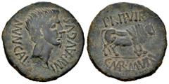 Celtiberian Coins Calagurris. Augustus period. Unit. 27 BC - 14 AD. Calahorra (La Rioja). (Abh-415). (Acip-3121). Anv.: MVN. CALAG. IMP. AVGVSTVS. Bare head of Augustus right. Rev.: Bull right, PR. II