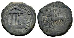 Celtiberian Coins Carthage Nova. Time of Tiberius. Half unit. 14-36 AD. Cartagena (Murcia). (Abh-602). Anv.: Tetrastyle temple. Rev.: Quadriga left, vexillum before. Ae. 4,65 g. Choice F. Est...60,00.