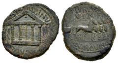 Celtiberian Coins Carthage Nova. Time of Tiberius. Half unit. 14-36 AD. Cartagena (Murcia). (Abh-604). (Acip-3144). Anv.: Tetrastyle temple. Rev.: Quadriga right, vexillum before. Ae. 5,13 g. Almost V