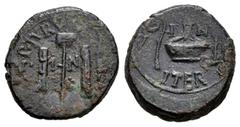 Celtiberian Coins Carthage Nova. Time of Tiberius. Quadrans. 14-36 AD. Cartagena (Murcia). (Abh-609). (Acip-3148). Anv.: P. TVRV(LLIO. II. VIR. QV)INQ. (ITER) Fasces and vexillum. Rev.: Lituus, simpul