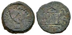 Celtiberian Coins Malaka. Quadrans. 200-20 BC. Malaga. (Abh-1739). (MIB-10/30). (Acip-795). Anv.: Head of Vulcan right, punic legend, tongs before. Rev.: Tetrastyle temple, neo-punic legend roughly en
