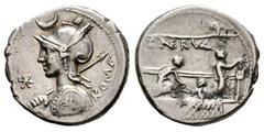 Roman Republican Licinius. P. Licinius Nerva. Denarius. 113-112 BC. Uncertain mint. (Ffc-802). (Craw-292/1). (Cal-888). Anv.: Diademed head of Roma left, holding spear and shield, X before, crescent a