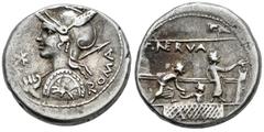 Roman Republican Licinius. P. Licinius Nerva. Denarius. 113-112 BC. Uncertain mint. (Ffc-802). (Craw-292/1). (Cal-888). Anv.: Diademed head of Roma left, holding spear and shield, X before, crescent a