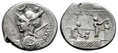 Roman Republican Licinius. P. Licinius Nerva. Denarius. 113-112 BC. Uncertain mint. (Ffc-802). (Craw-292/1). (Cal-888). Anv.: Diademed head of Roma left, holding spear and shield, X before, crescent a