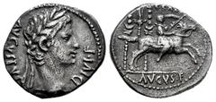 Roman Imperatorial Augustus. Denarius. 8 BC. Lugdunum. (Ffc-21). (Ric-I 199). (Cal-849). Anv.: AVGVSTVS DIVI. F laureate head of Augustus right. Rev.: C. CAES, above Caius Caesar galloping right, eagl