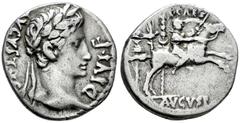 Roman Imperatorial Augustus. Denarius. 8 BC. Lugdunum. (Ffc-21). (Ric-199). (Cal-849). Anv.: AVGVSTVS DIVI. F laureate head of Augustus right. Rev.: C. CAES, above Caius Caesar galloping right, eagle 