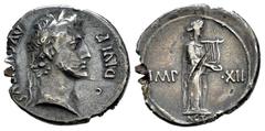 Roman Imperatorial Augustus. Fourée Denarius. 11-10 BC. Lugdunum. (Ffc-125). (Ric-193a). (Cal-844). Anv.: AVGVSTVS DIVI. F, laureate head of Augustus right. Rev.: IMP. - XII divided by Apollo standing